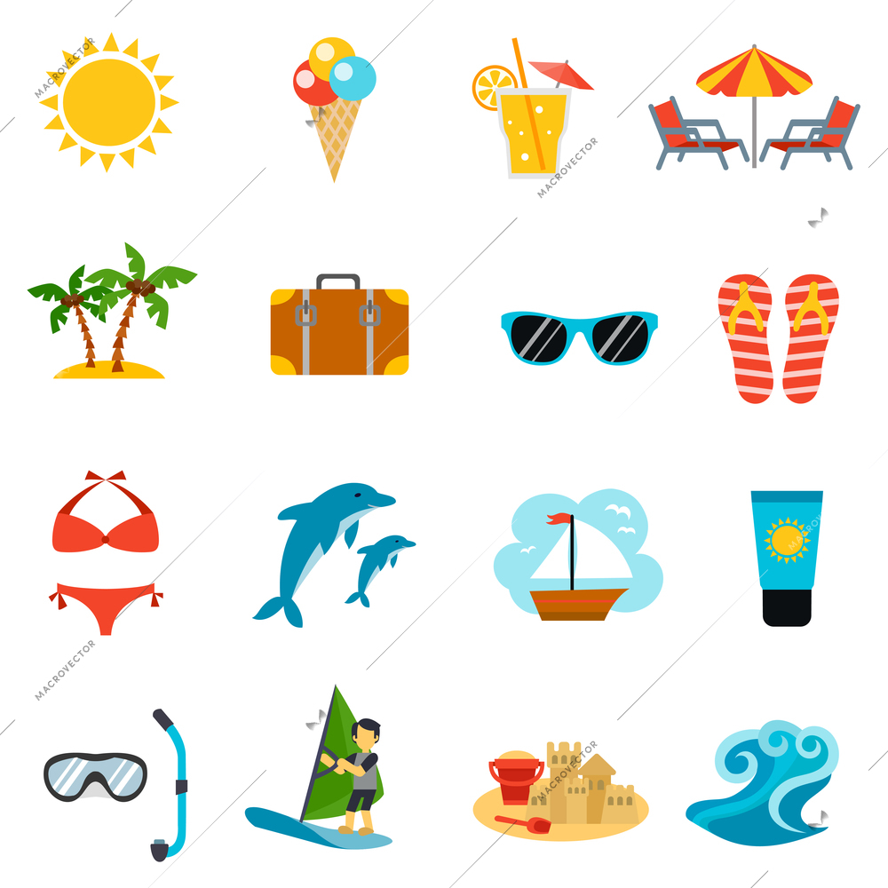 Summer and vacations icons set with suitcase sunglasses and beach flat isolated vector illustration