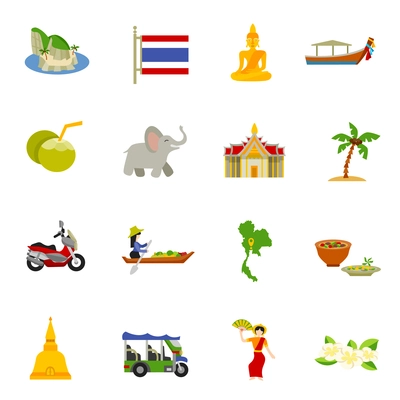 Thailand icons set with elephants coconuts beaches and boats flat isolated vector illustration