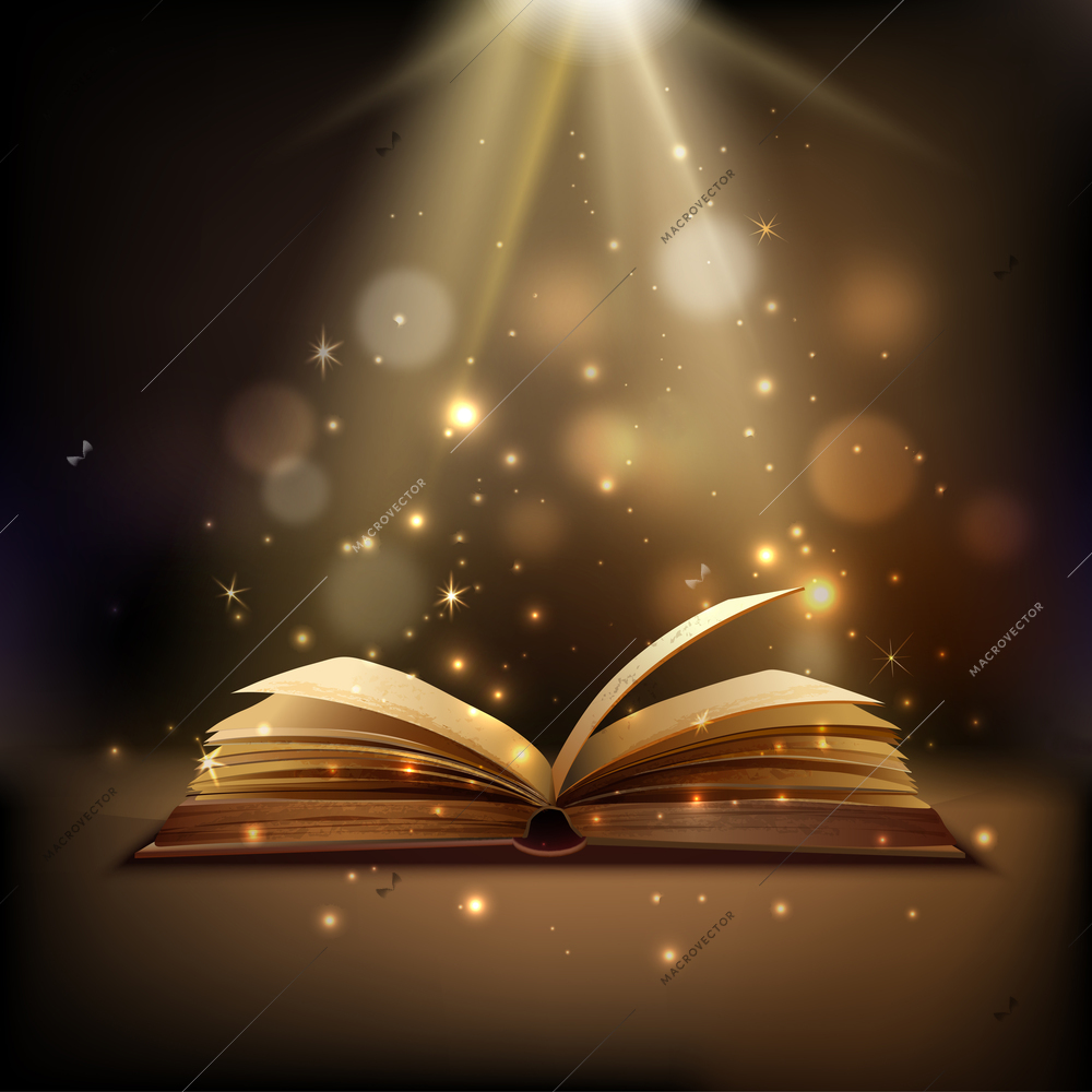 Open book with mystic bright light on background magic poster vector illustration