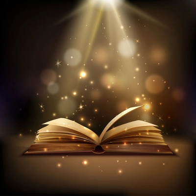 Open book with mystic bright light on background magic poster vector illustration