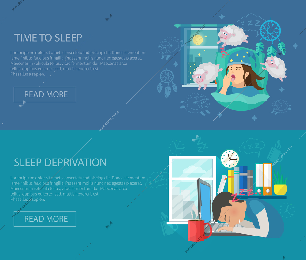 Sleep time horizontal banner set with deprivation disorder flat elements isolated vector illustration