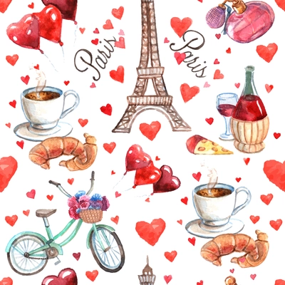 Paris romantic love culture read heart symbols seamless decorative souvenir wrap paper pattern watercolor abstract vector illustration