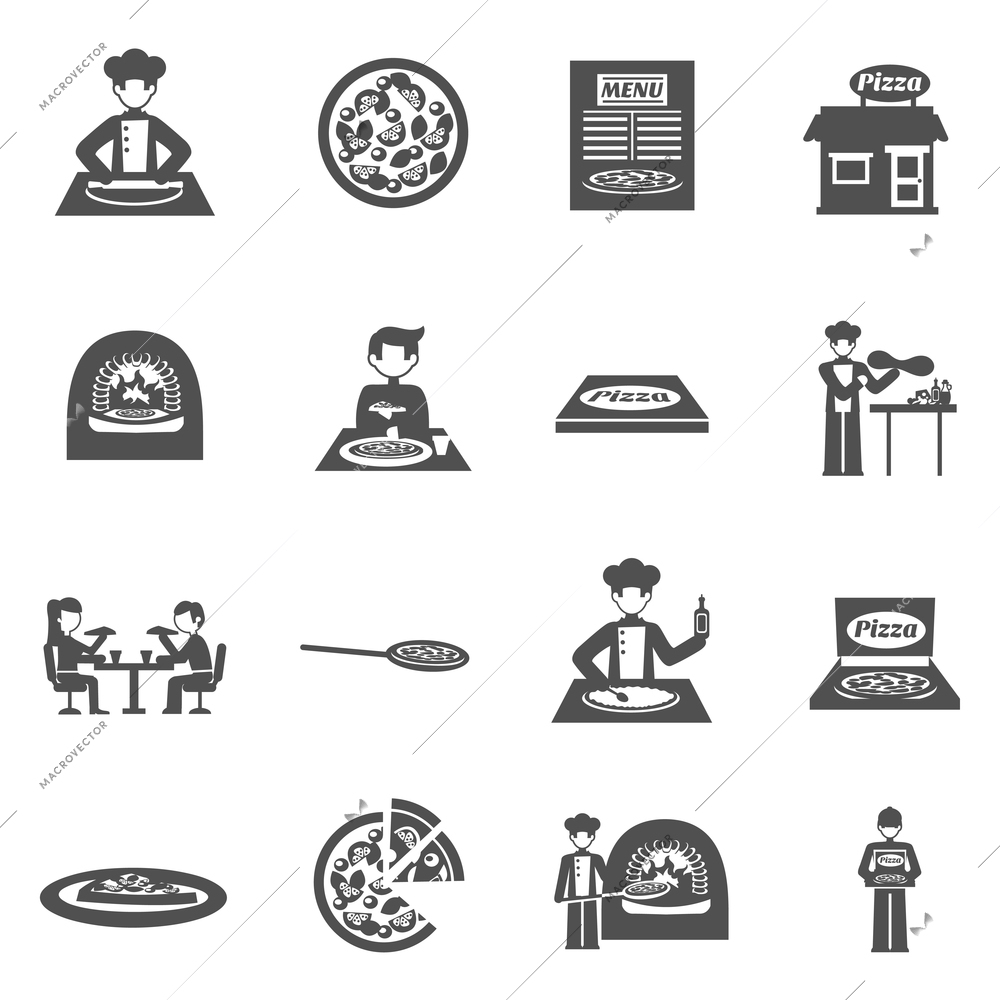 Pizzeria and pizza delivery black white icons set with oven and menu flat isolated vector illustration