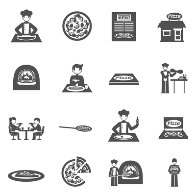 Pizzeria and pizza delivery black white icons set with oven and menu flat isolated vector illustration