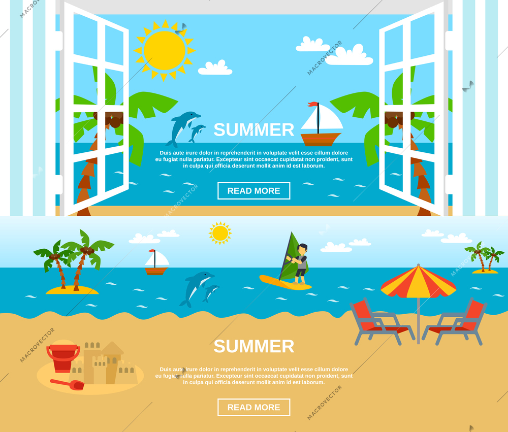 Summer and beach horizontal banners set with sea window surfing and palms flat isolated vector illustration