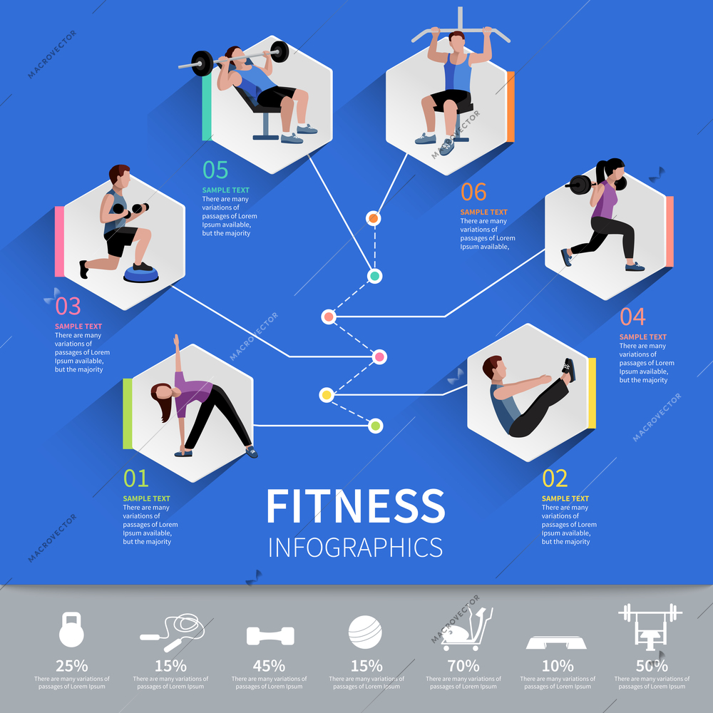 Fitness aerobic and muscle strength development program hexagon pictograms  infographic presentation layout design abstract isolated vector illustration