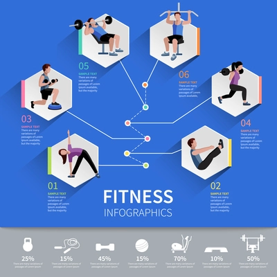 Fitness aerobic and muscle strength development program hexagon pictograms  infographic presentation layout design abstract isolated vector illustration