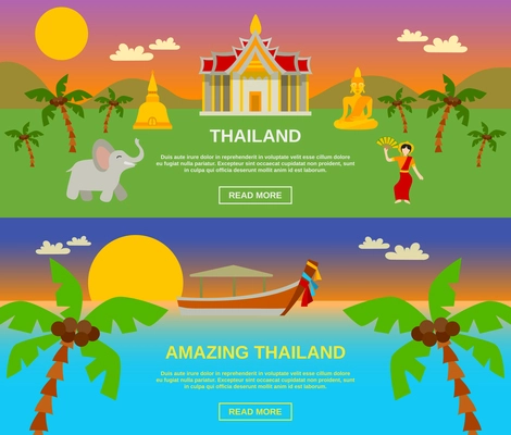 Amazing Thailand traveling horizontal banners set with mountains and sea flat isolated vector illustration