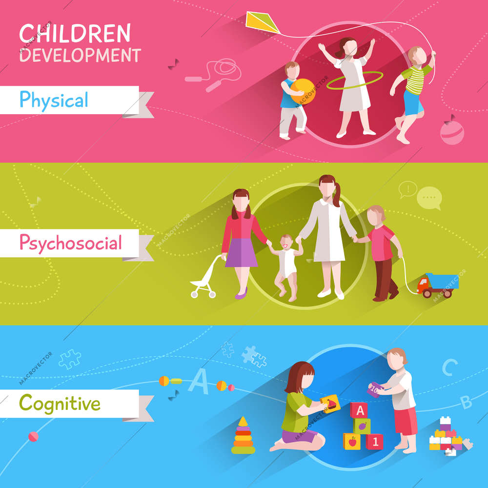 Children activities horizontal banner set with physical and cognitive flat elements isolated vector illustration