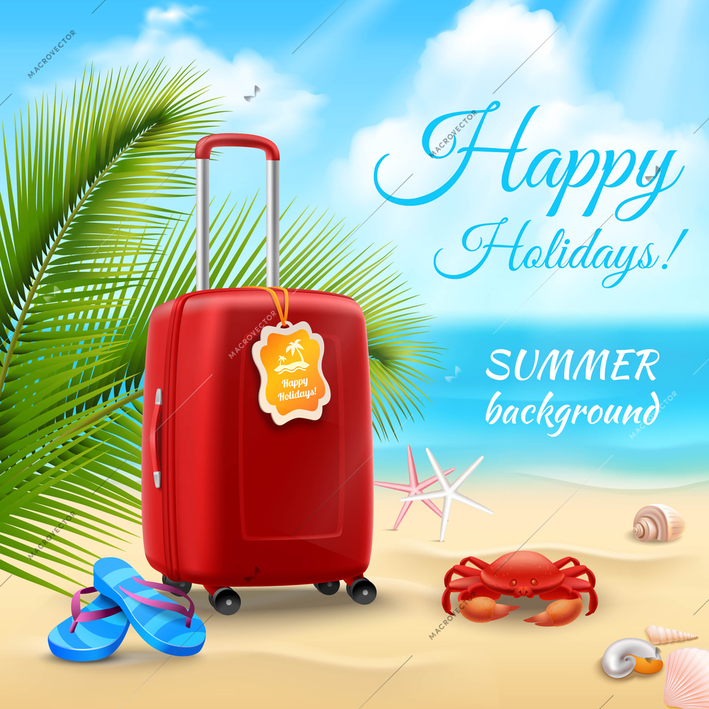 Summer vacation background with realistic suitcase on tropical beach vector illustration