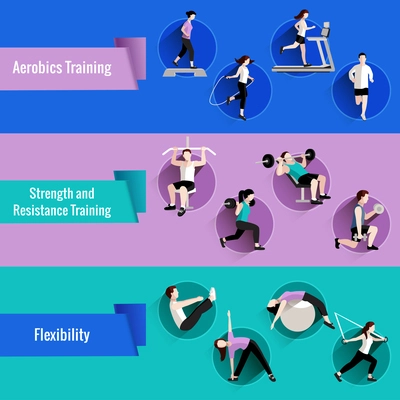 Fitness aerobics strength and resistance training for men and women flat banners set abstract isolated vector illustration