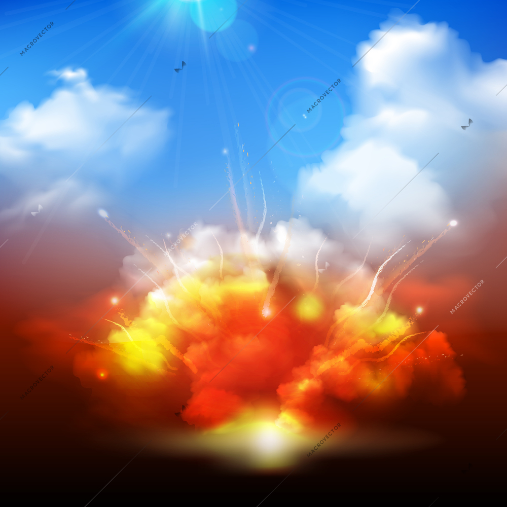 Massive yellow orange explosion bursting into blue cloudy sky with radiating sunrays background banner abstract vector illustration