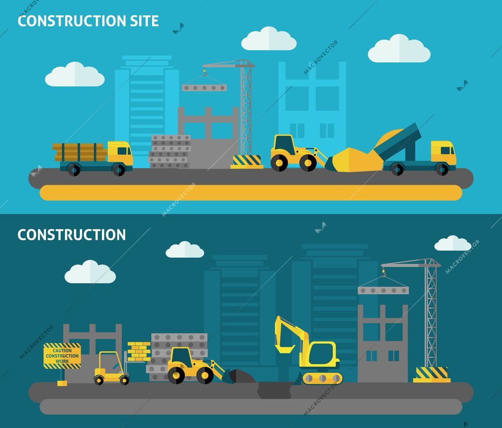 Construction horizontal banner set with flat building tools elements isolated vector illustration