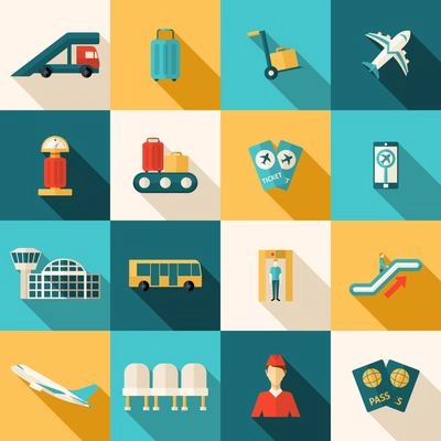 Airport icons flat long shadow set with arrival and departure symbols isolated vector illustration