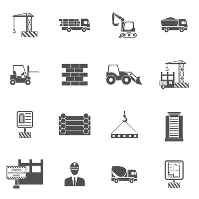 Construction icons flat black set with bulldozer mixer and lifter isolated vector illustration