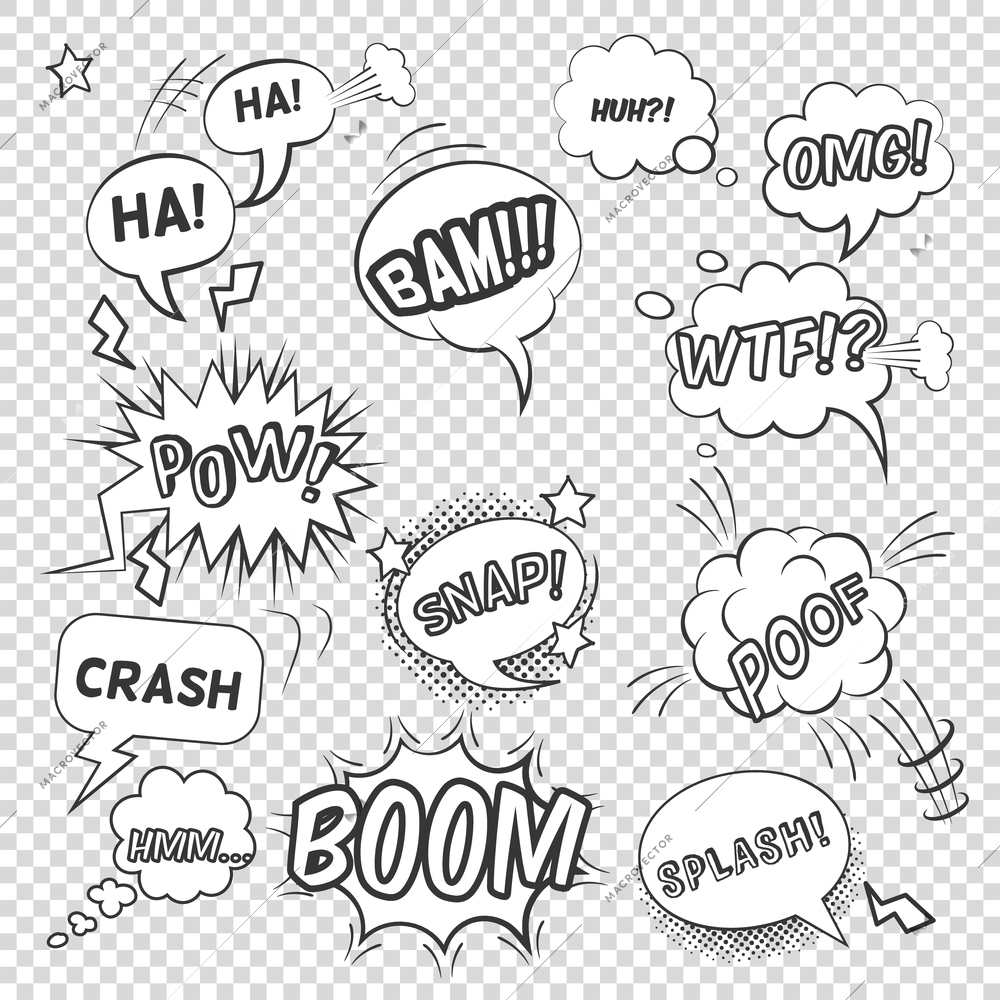 Pop art black white bubbles set with sound effects and exclamations on transparent background flat vector illustration