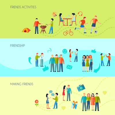 Friendship horizontal banners set with communication activities and free time flat isolated vector illustration