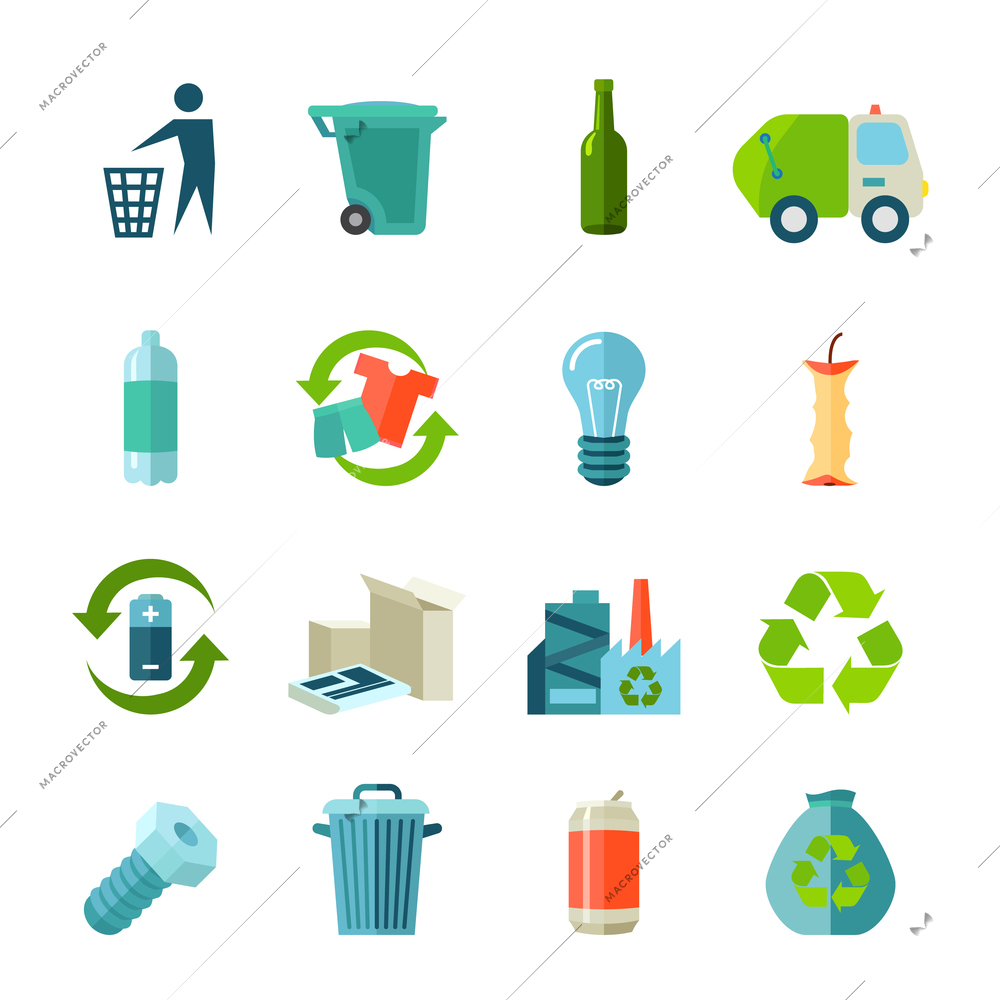 Recycling icons set with waste types and collection flat isolated vector illustration