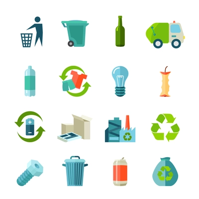 Recycling icons set with waste types and collection flat isolated vector illustration