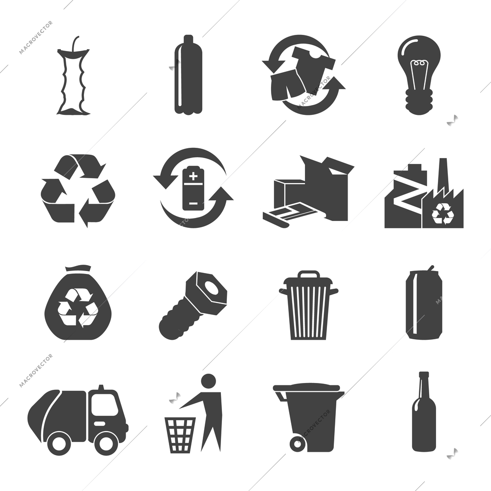 Recyclable materials black white icons set with glass plastic metal and food waste flat isolated vector illustration