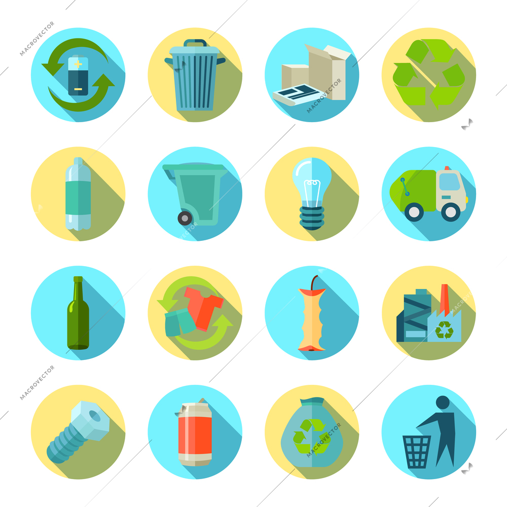 Waste sorting and reduction round icons set with recycling factory flat isolated shadow vector illustration