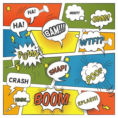 Emotional and sound comic bubbles set with boom splash and omg flat vector illustration