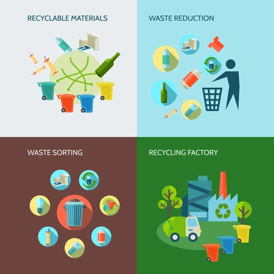 Recycling and waste reduction icons set with materials and sorting flat isolated vector illustration