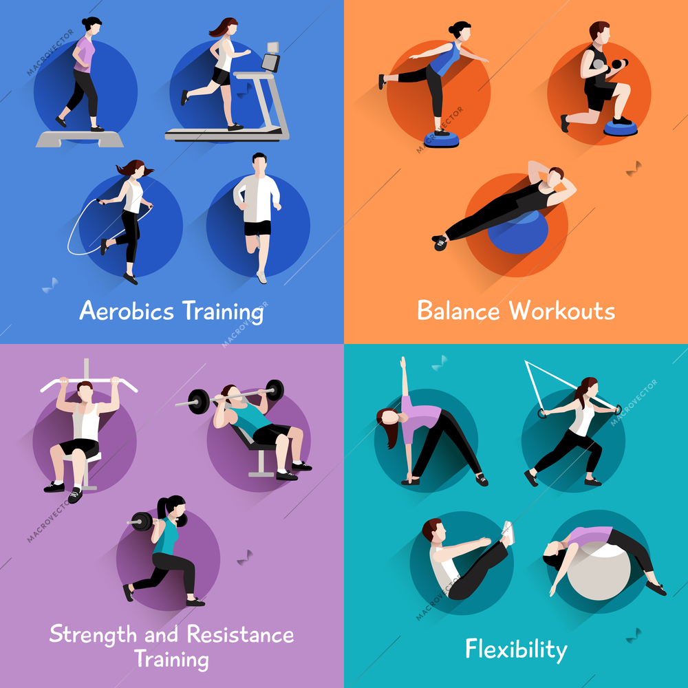 Fitness aerobic strength and body shaping exercises 4 flat icons square composition banner abstract isolated vector illustration