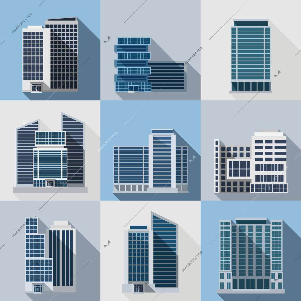 Office and business buildings flat long shadow icons set isolated vector illustration