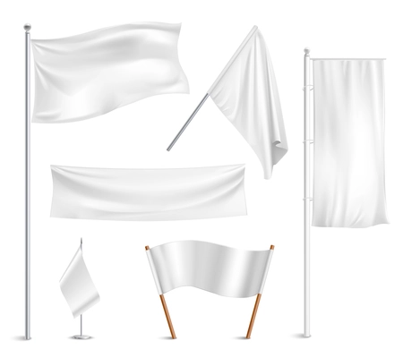 Various white flags and banners pictograms collection with hoisted and half-mast lowered positions abstract vector illustration