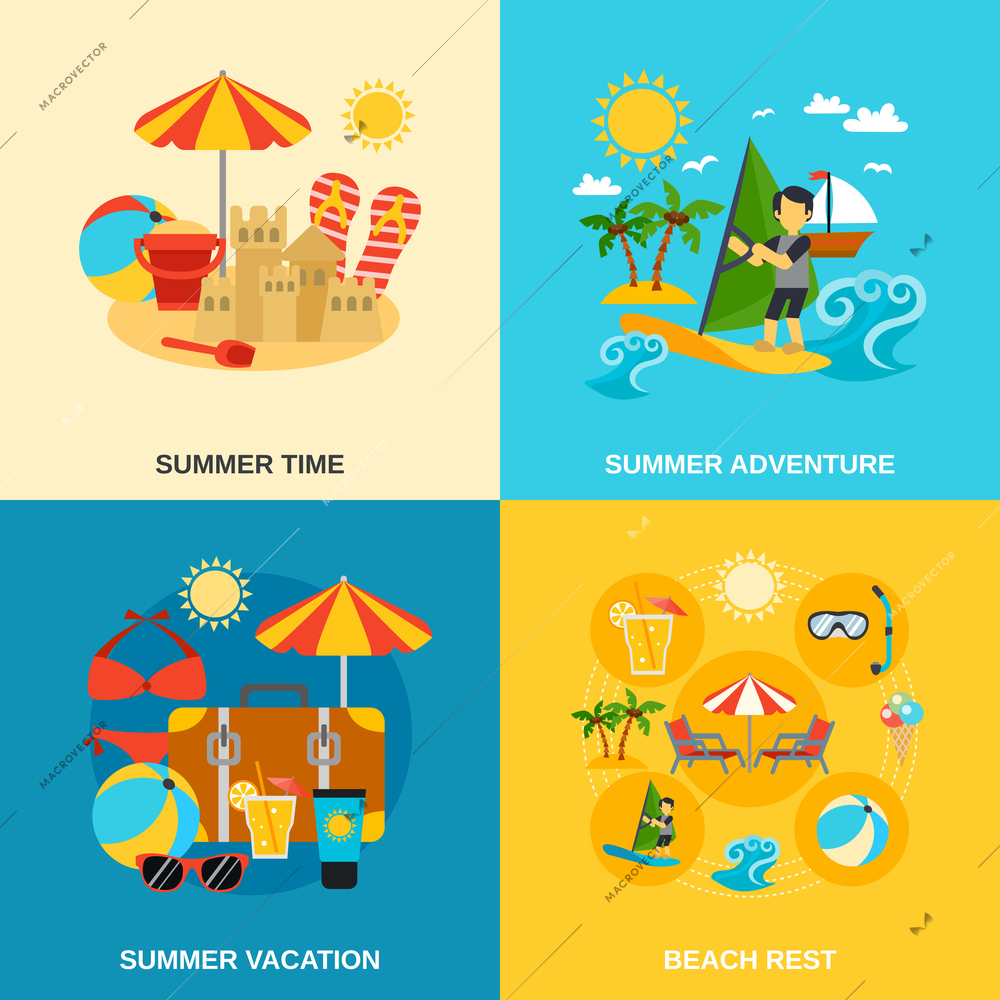 Summer vacation and adventure icons set with sandcastle surfing and beach rest flat isolated vector illustration