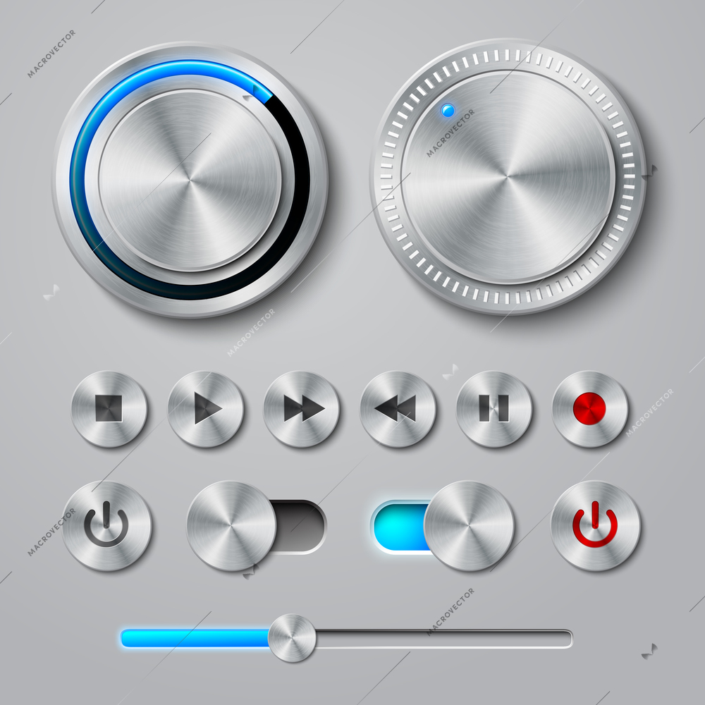 Metal interface buttons collection for power volume playback control vector illustration