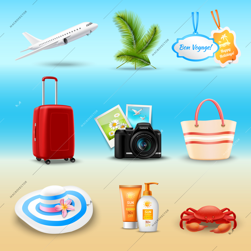 Vacation realistic icons set with airplane palm suitcase isolated vector illustration