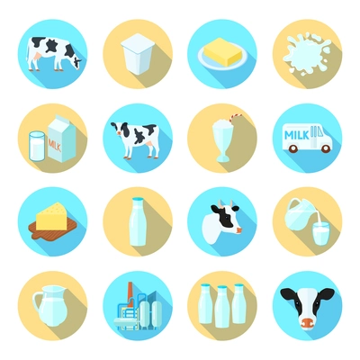 Milk dairy production farm flat icons set with cheese butter round shadow set abstract isolated vector illustration