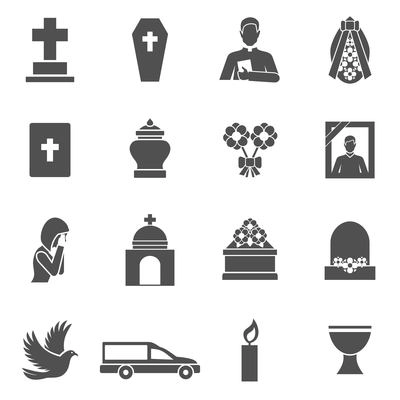 Funeral black icons set with cross coffin priest wreath isolated vector illustration