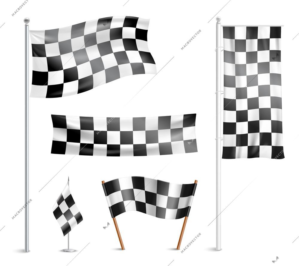 Typical chequered or checkered racing winner team  prize circuit flags indicating finish design collection abstract vector illustration