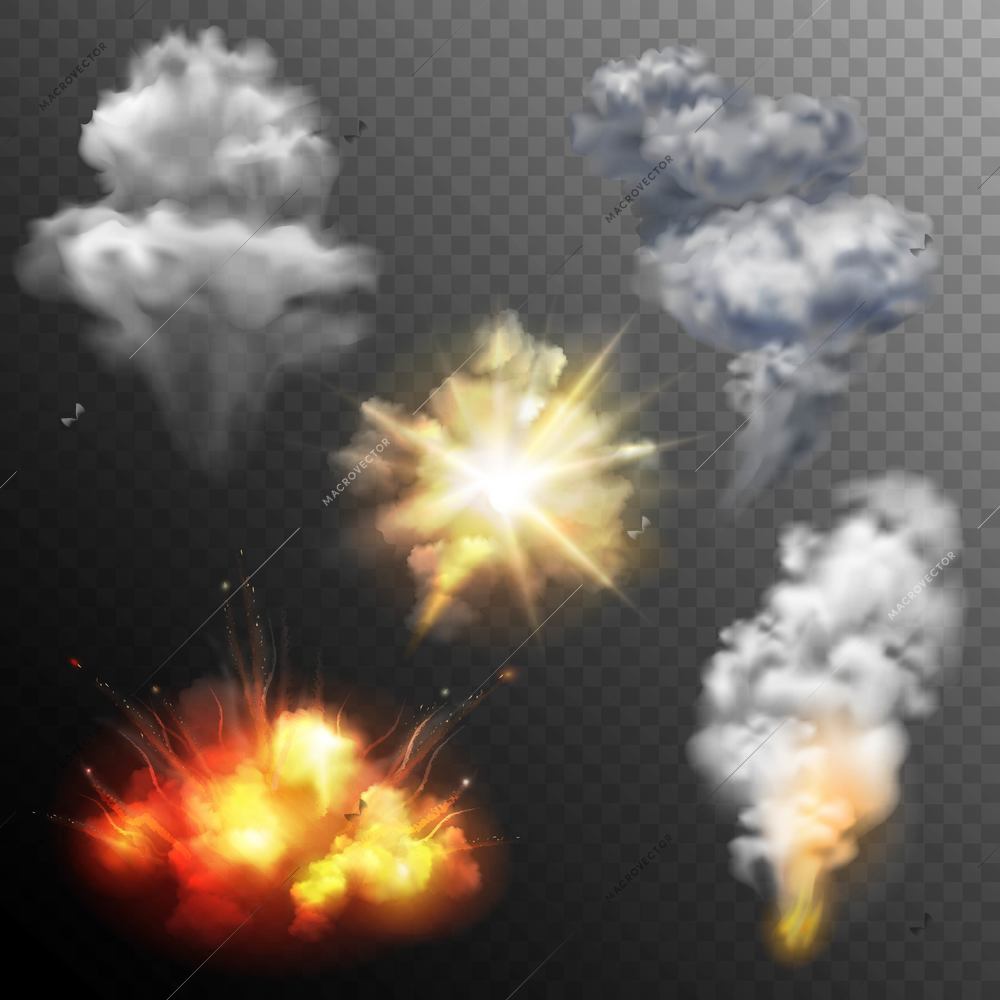 Variously shaped firework explosion patterns set of star cloud and mushroom images collection realistic isolated vector illustration