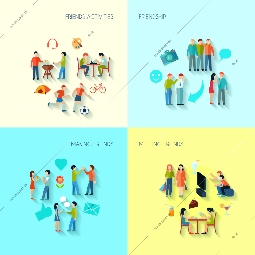 Friendship icons set with activities making and meeting friends flat isolated vector illustration