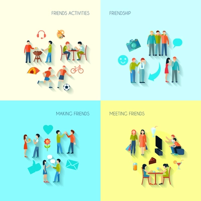 Friendship icons set with activities making and meeting friends flat isolated vector illustration