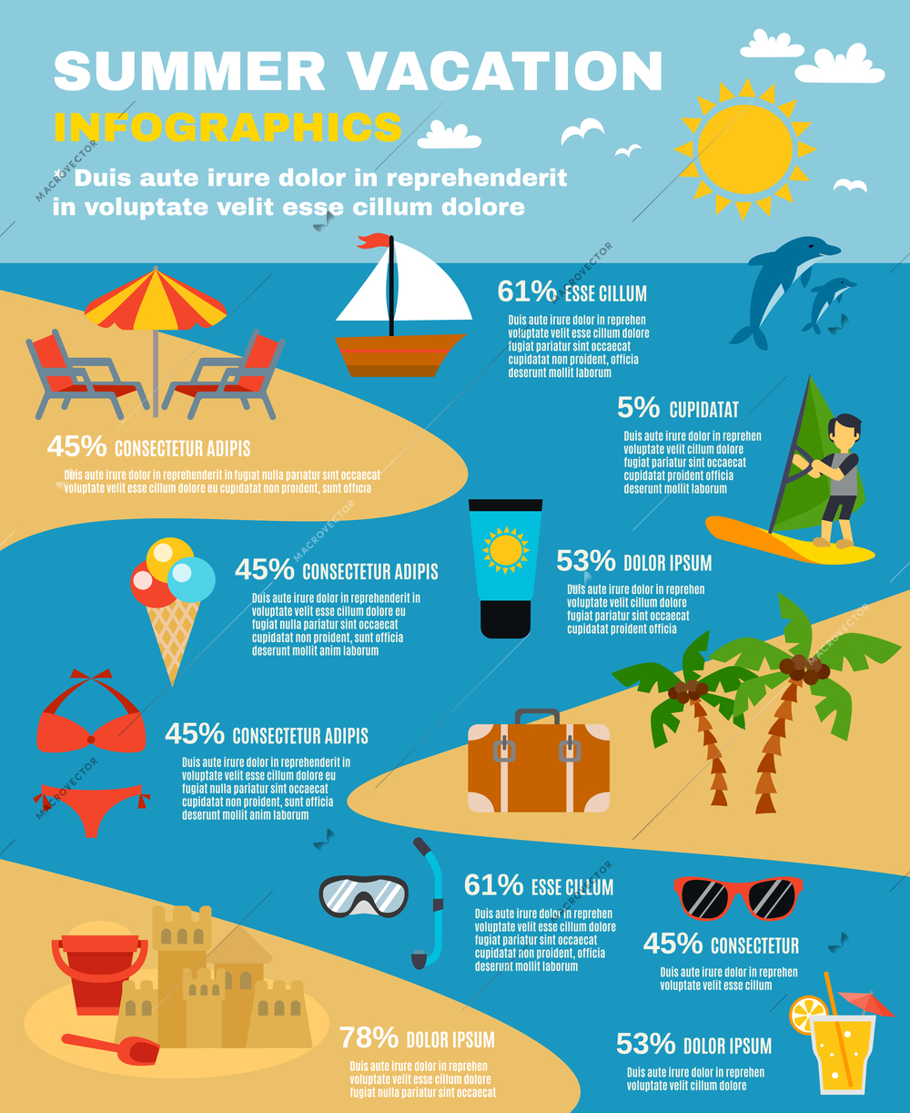 Summer and sea infographic set with dolphins beach and palms flat vector illustration