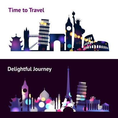 Travel horizontal banners set with world landmark silhouettes in spotlight isolated vector illustration