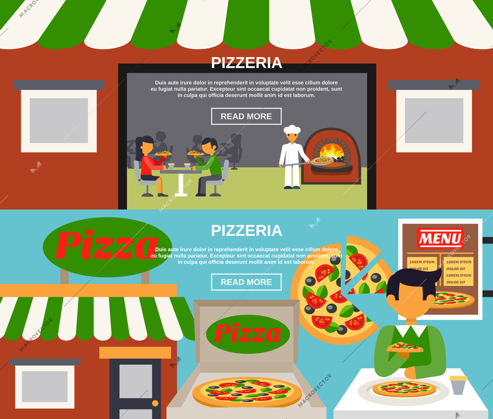 Pizzeria horizontal banners set with meal in a cafe and pizza making flat isolated vector illustration