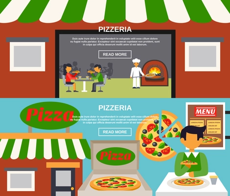 Pizzeria horizontal banners set with meal in a cafe and pizza making flat isolated vector illustration