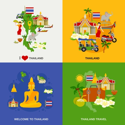 Thailand tourism concept icons set with sightseeing traditional food and drinks flat isolated vector illustration