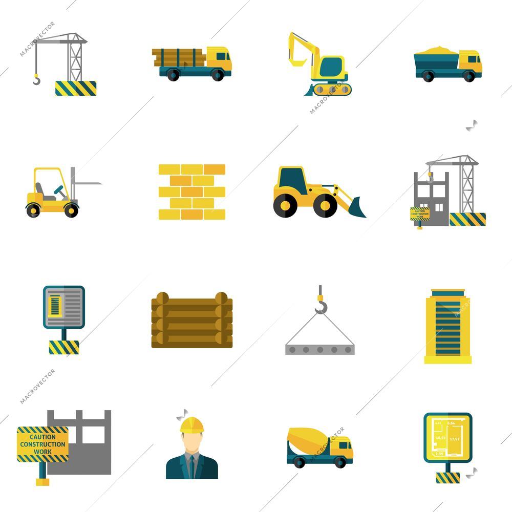 Construction icons flat set with building industry and engineering tools isolated vector illustration