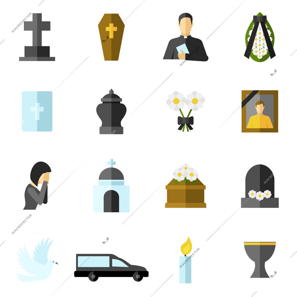 Funeral ceremony and death flat icons set isolated vector illustration