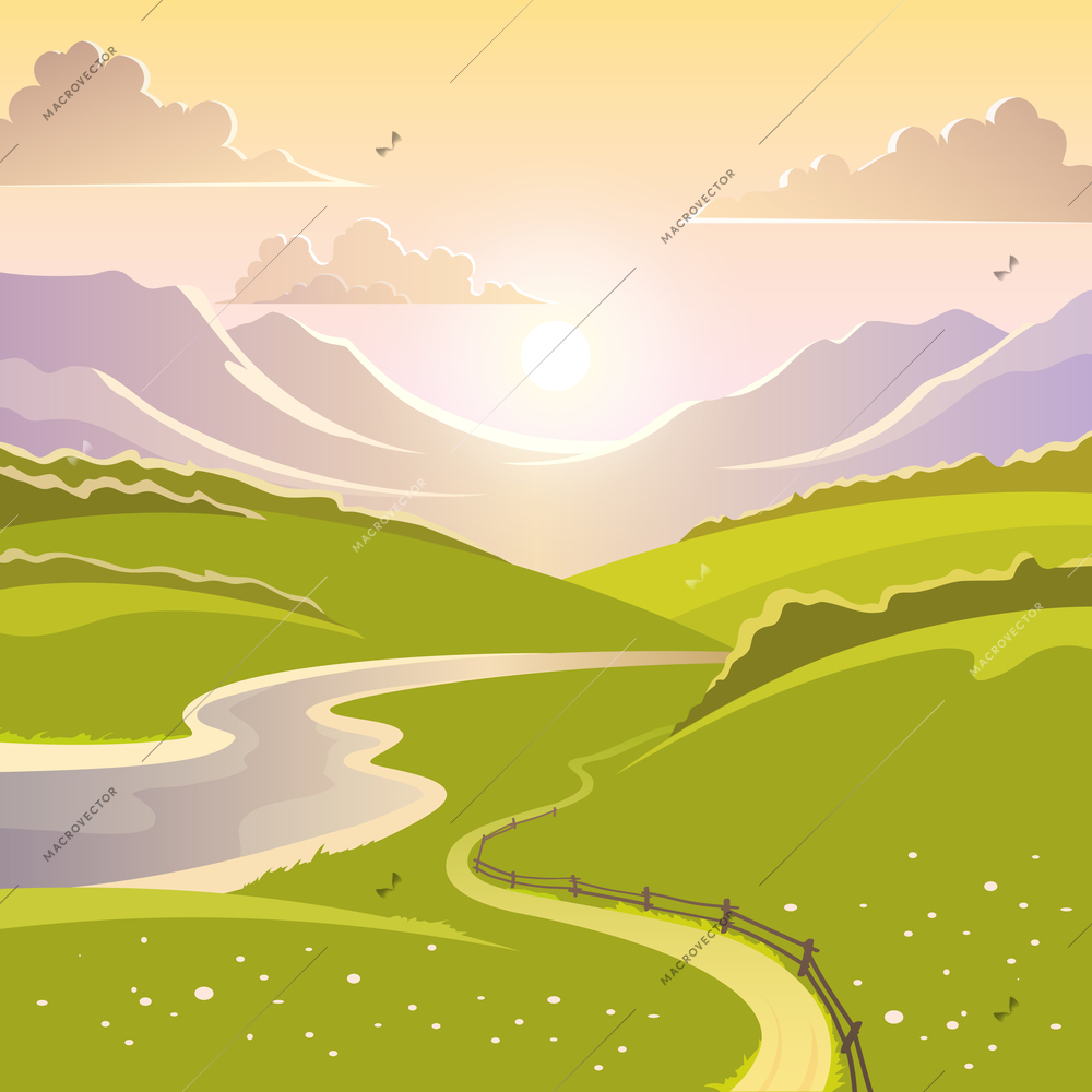 Mountain landscape background with river road and meadow flat vector illustration