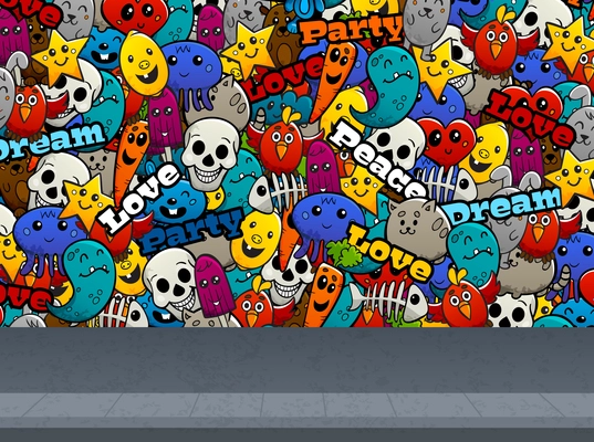 Graffiti cartoon abstract characters and peace love text on street wall flat color seamless pattern vector illustration