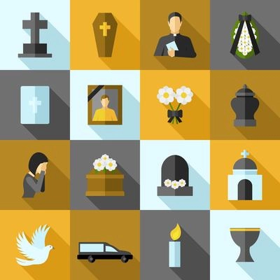 Funeral icons flat long shadow set with ash candle church isolated vector illustration