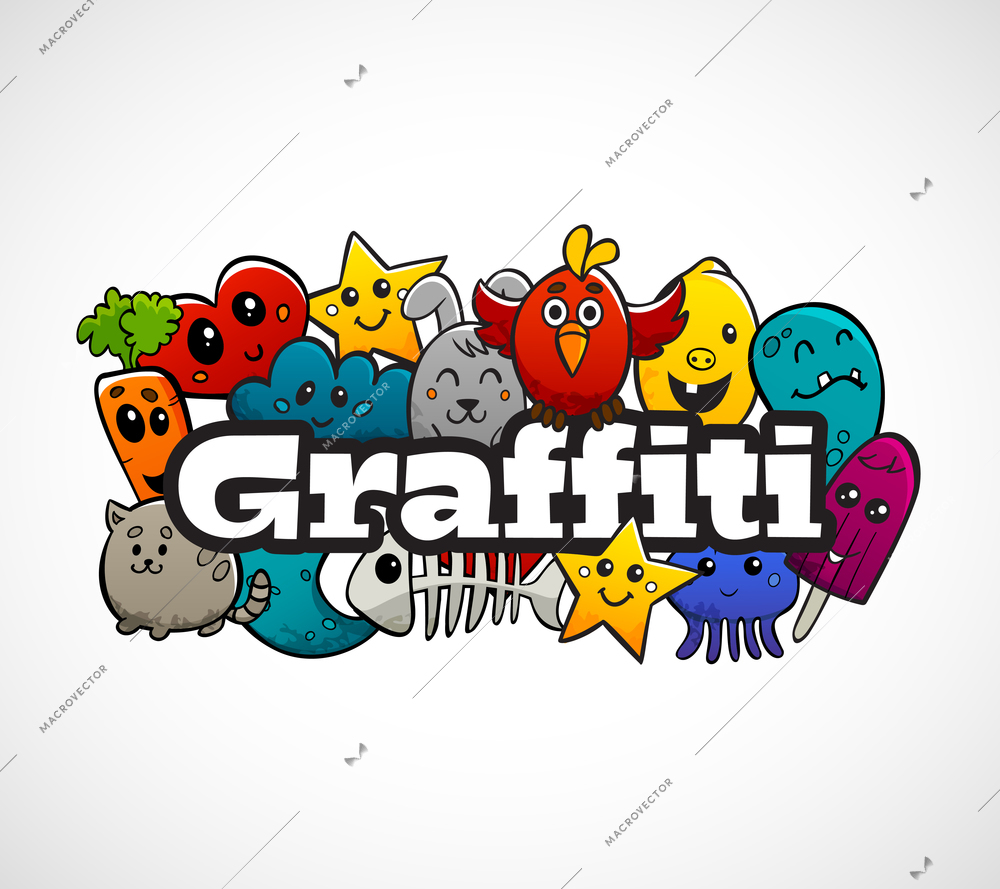 Graffiti text  and cartoon abstract characters composition animals and fruits flat bright color concept vector illustration